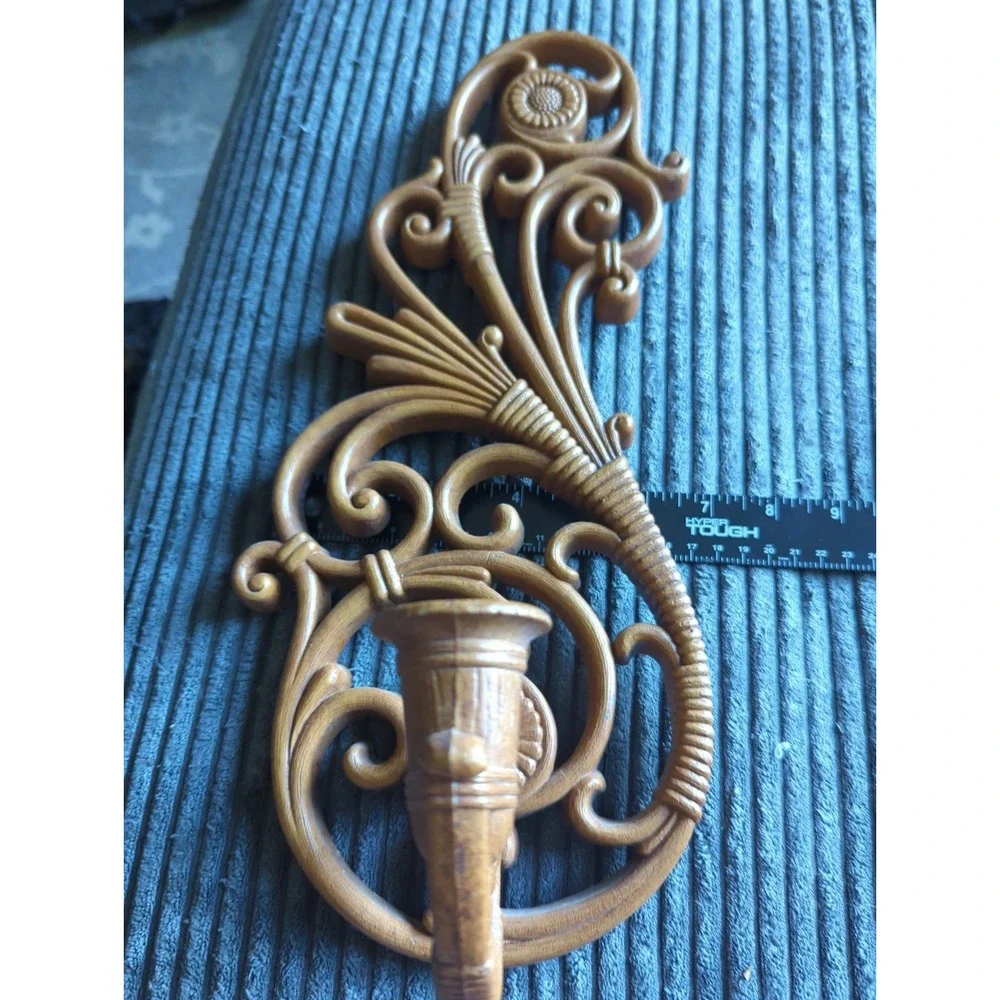Vintage Syroco Wall Sconce 1970s Candle Holder Ornate Scrolling Tan